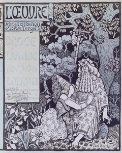 Czarodziej Merlin i wróżka Vivien w lesie Broceliande, ze sztuki Jeana Lorraina (1855-1906) „Broceliande”, ok. 1900 (drzewryt)