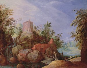 Fantastyczny krajobraz z wodospadem i mostem autorstwa Paul Bril