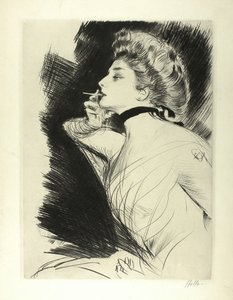 Półdługi portret siedzącej kobiety palącej papierosa, zwróconej w lewo autorstwa Paul Cesar Helleu