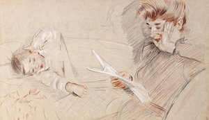 Madame Helleu czytająca z Paulette leżącą obok niej na sofie, autorstwa Paul Cesar Helleu
