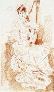 Madame Helleu siedząca przy harfie, autorstwa Paul Cesar Helleu