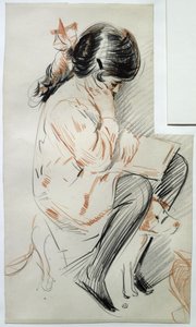 Paulette czyta siedząc na swoim psie zabawce (kolorowa kredka na papierze) autorstwa Paul Cesar Helleu