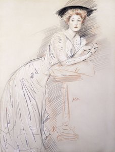 Portret panny Taylor opartej o stół, autorstwa Paul Cesar Helleu