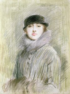 Portret damy z futrzanym kołnierzem i mufką, XX w. (rysunek) autorstwa Paul Cesar Helleu