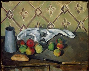 Pudełko z owocami, serwetką i mlekiem - Olej na płótnie autorstwa Paul Cézanne