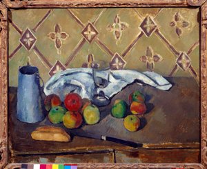 Owoce, ręcznik, chleb i pudełko na mleko Obraz Paula Cezanne