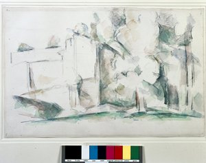 Dom przez drzewa. Obraz Paula Cezanne