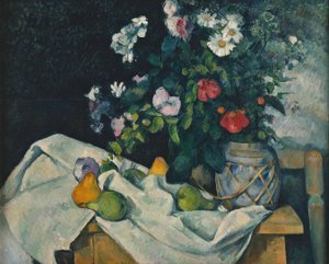 Kwiaty w słoiku z imbirem i owocami autorstwa Paul Cézanne