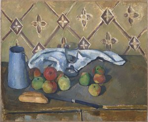 Owoce, serwetka i dzbanek na mleko autorstwa Paul Cézanne