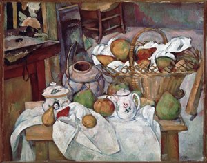Stół kuchenny lub Martwa natura z koszem - olej na płótnie autorstwa Paul Cézanne