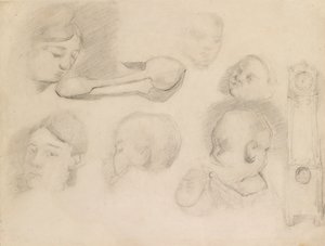 Studia głowy dziecka, głowy kobiety, łyżki i długiego zegara, ok. 1872 r. autorstwa Paul Cézanne