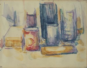 Stół kuchenny: słoiki i butelki autorstwa Paul Cézanne