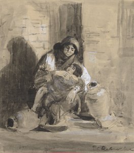 Siedząca Żydówka z Gazy z dzieckiem i dwoma dużymi dzbanami autorstwa Paul Delaroche