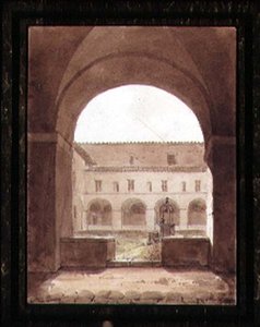 Widok na krużganek ze studnią (akwarela w sepii na papierze) autorstwa Paul Emile Detouche