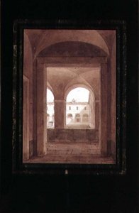 Widok na krużganek z fontanną (akwarela w sepii na papierze) autorstwa Paul Emile Detouche