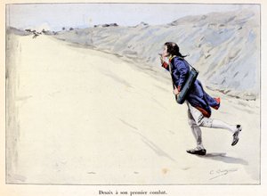 Desaix toczy swoją pierwszą walkę: Charles Antoine Desaix de Veygoux (1768-1800) schwyta więźnia w Landau in der Pfalz (Niemcy), podczas gdy wojsko wycofuje się - ilustracja Emile Boutigny (1853-1929) W „Hoche-Marceau-Desaix” autorstwa Theodore Cahu (1854-