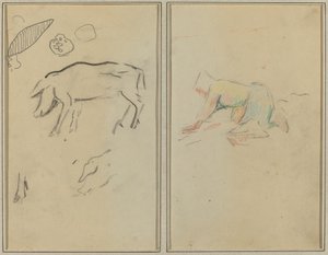 Świnia; Bretoński chłop klęczący [verso] autorstwa Paul Gauguin