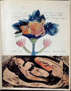 Album Noa (lub Noa Noa) malarza Paula Gauguina (1848-1903): folio 75. U góry rysunek akwarela, pióro i tusz przedstawiające parę podczas stosunku płciowego, a na dole grawer z akwarelowymi pasemkami śpiącej kobiety . Około 1893 autorstwa Paul Gauguin