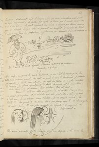 Avant et après - tekst i rysunki „le petit mignon” i jego psów w Cytherze oraz dwie głowy (autoportret?) w kawiarni autorstwa Paul Gauguin