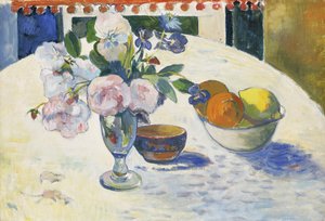 Kwiaty i miska owoców na stole autorstwa Paul Gauguin