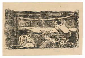 Wnętrze chaty tahitańskiej, z zestawu późnych rycin drewnianych autorstwa Paul Gauguin