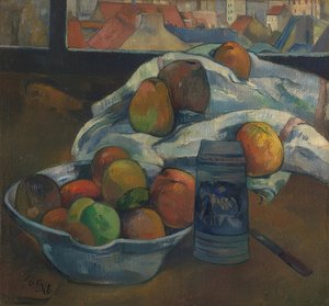 Miska na owoce i dzbanek przed oknem. prawdopodobnie 1890 autorstwa Paul Gauguin
