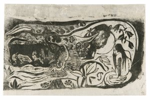 Talerz z głową rogatego diabła z Suity późnych rycin drewnianych autorstwa Paul Gauguin