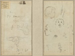 Siedząca postać i krowa; Trzy badania głowy dziecka autorstwa Paul Gauguin