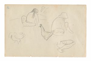 Szkice siedzących postaci i kurczaków (recto), nagi kobiecy tors (powiązany z obrazem Te a no areois [Nasionko Areoi]) (verso), z Carnet de Tahiti (szkicownik tahitański) autorstwa Paul Gauguin