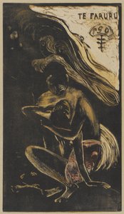 Te Faruru (Here We Make Love), zima 1893-94 (drzeworyt drukowany w kolorze czarnym, jasnobrązowym, żółtym i czerwonym na kremowym papierze woven zamontowanym na beżowym kartonie) autorstwa Paul Gauguin