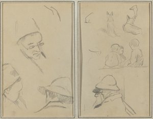 Trzy studia męskich głów, jedno z okularami; Psy, dzieci i dwóch brodatych mężczyzn w profilu [verso] autorstwa Paul Gauguin