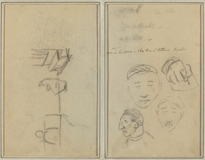 Dwie postacie i ławka; Trzy studia męskiej głowy i jedna ręka [recto] autorstwa Paul Gauguin
