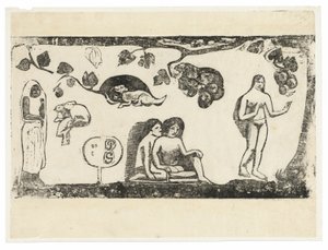 Kobiety, zwierzęta i liście z zestawu późnych rycin drewnianych autorstwa Paul Gauguin