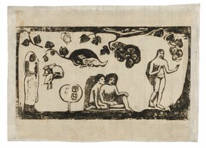 Kobiety, zwierzęta i liście z serii późnych drzeworytów autorstwa Paul Gauguin