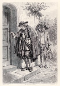 Guliwer przybywa do domu o trzeciej po południu i wchodzi do domu, z francuskiego wydania Podróży Guliwera autorstwa Jonathana Swifta. autorstwa Paul Gavarni