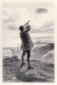 Gulliver po raz pierwszy widzi latającą wyspę Laputa i bada ją przez swój teleskop, z francuskiego wydania Gullivers Travels autorstwa Jonathana Swifta
