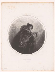 Mężczyzna z banjo śpiewa i gra serenadę Serenade Espagnole (tytuł na obiekcie) Ilustracje do piosenek Jeanne Gavarni (tytuł serii) Illustrations des Melodies de Madame Jeanne Gavarni (tytuł serii) autorstwa Paul Gavarni