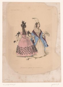 Dwie kobiety w sukniach balowych Transvestissemens originaux pour les Bals de 1834 (tytuł na obiekcie) Pomysłowe ubrania (tytuł serii) Fantazje (tytuł serii na obiekcie) autorstwa Paul Gavarni