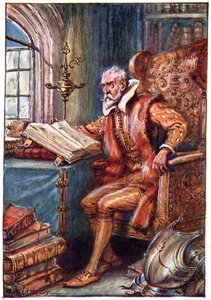Czas upływał mu na czytaniu książek o rycerzach-rycerzach, ilustracja z "Przygód Don Kichota", opublikowanych przez G. Bell und Sons, Ltd., 1911 autorstwa Paul Hardy