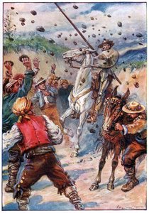 Obrzucili Don Kichota deszczem kamieni, ilustracja z „Przygód Don Kichota”, wydanej przez G. Bell & Sons, Ltd. autorstwa Paul Hardy