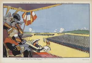 Wizyta króla Hiszpanii Alfonsa XIII w Paryżu: parada wojskowa w Vincennes. Ilustracja do Le Rire