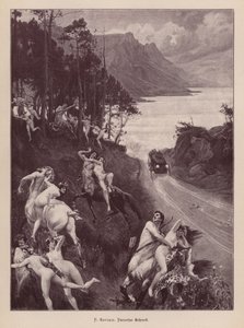 Satyry i nimfy przestraszone przez samochód (rycina) autorstwa Paul Jean Gervais