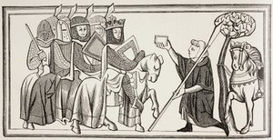 Posłaniec przybywa z wiadomością dla króla stojącego na czele swojej armii. Na podstawie ilustracji z XIII wieku. autorstwa Paul Lacroix