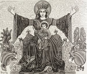 Starożytny sztandar miasta Strasburg we Francji. Przedstawia wizerunek Matki Boskiej, której miasto zostało poświęcone w XIII wieku. Sztandar został zniszczony w 1870 roku podczas bombardowania. autorstwa Paul Lacroix