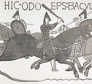 Biskup Edues trzymający batutę i zachęcający żołnierzy księcia Normandii w bitwie pod Hastings. Na podstawie szczegółu z gobelinu z Bayeux. autorstwa Paul Lacroix