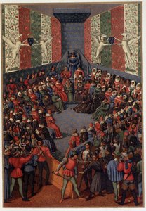 Karol VII przewodniczący sądu Jana, księcia Alencon (sprzymierzonego z Anglikami) w Vendome w 1458 r. - po miniaturze Fouquet, w „Życiu militarnym i religijnym w średniowieczu i epoce renesansu” Paula Lacroix, Paryż