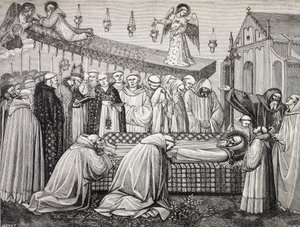 Śmierć świętego Benedykta z Nursji lub San Benedetto Da Norcia, 480-547, w opactwie na Monte Cassino. autorstwa Paul Lacroix