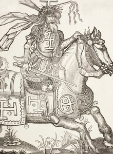 Godfrey z Bouillon, ok. 1060-1100, średniowieczny rycerz frankoński. Przywódca pierwszej krucjaty. Tutaj ukoronowany narzędziami męki Chrystusa. Według XV-wiecznego drzeworytu. autorstwa Paul Lacroix