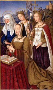 Portret Anny Bretanii (1477-1514), królowej Francji, modlącej się ze swoją patronką św. Anny, św. Heleny i św. Urszuli – w „Życiu militarnym i religijnym średniowiecza i renesansu” autorstwa Pawła Lacroix, Paryż