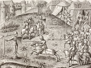 Tilting At A Quintain, The Revolving Effigy of a Knight. Na podstawie miniatury z XV-wiecznego Chroniques De Charlemagne. autorstwa Paul Lacroix